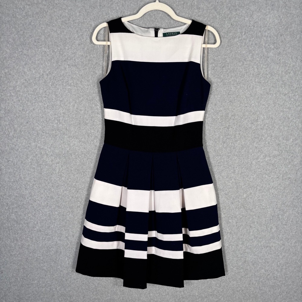 LRL Ralph Lauren Pleated Dress 4 Navy White Black Striped Preppy Nautical